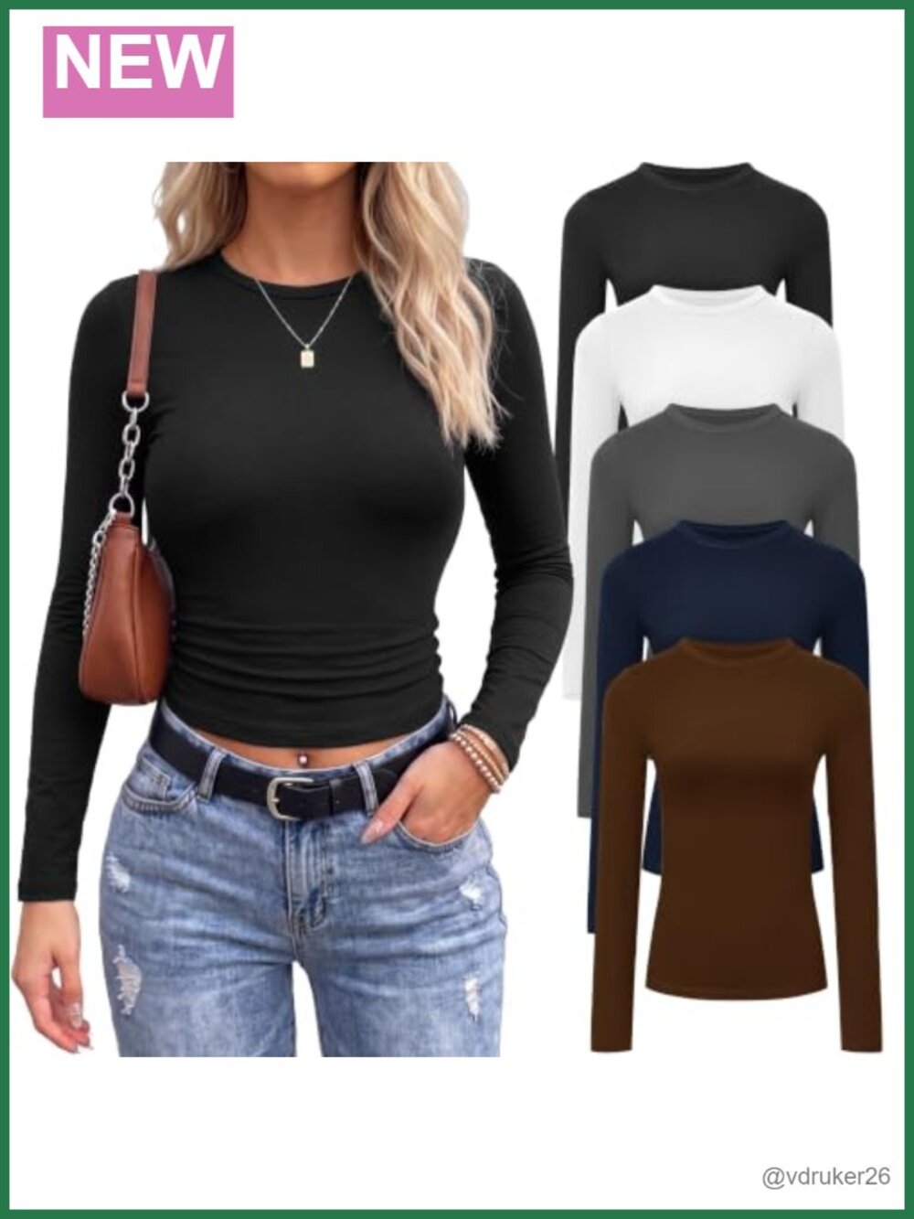 5 Pack Long Sleeve Slim Fit Crew Neck T-Shirts Polyester Spandex